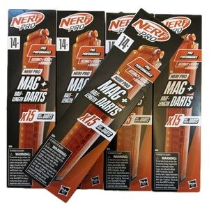 Nerf Pro Mag with 15 Half-Length Darts Magazine plus Refills Lot Of 5
